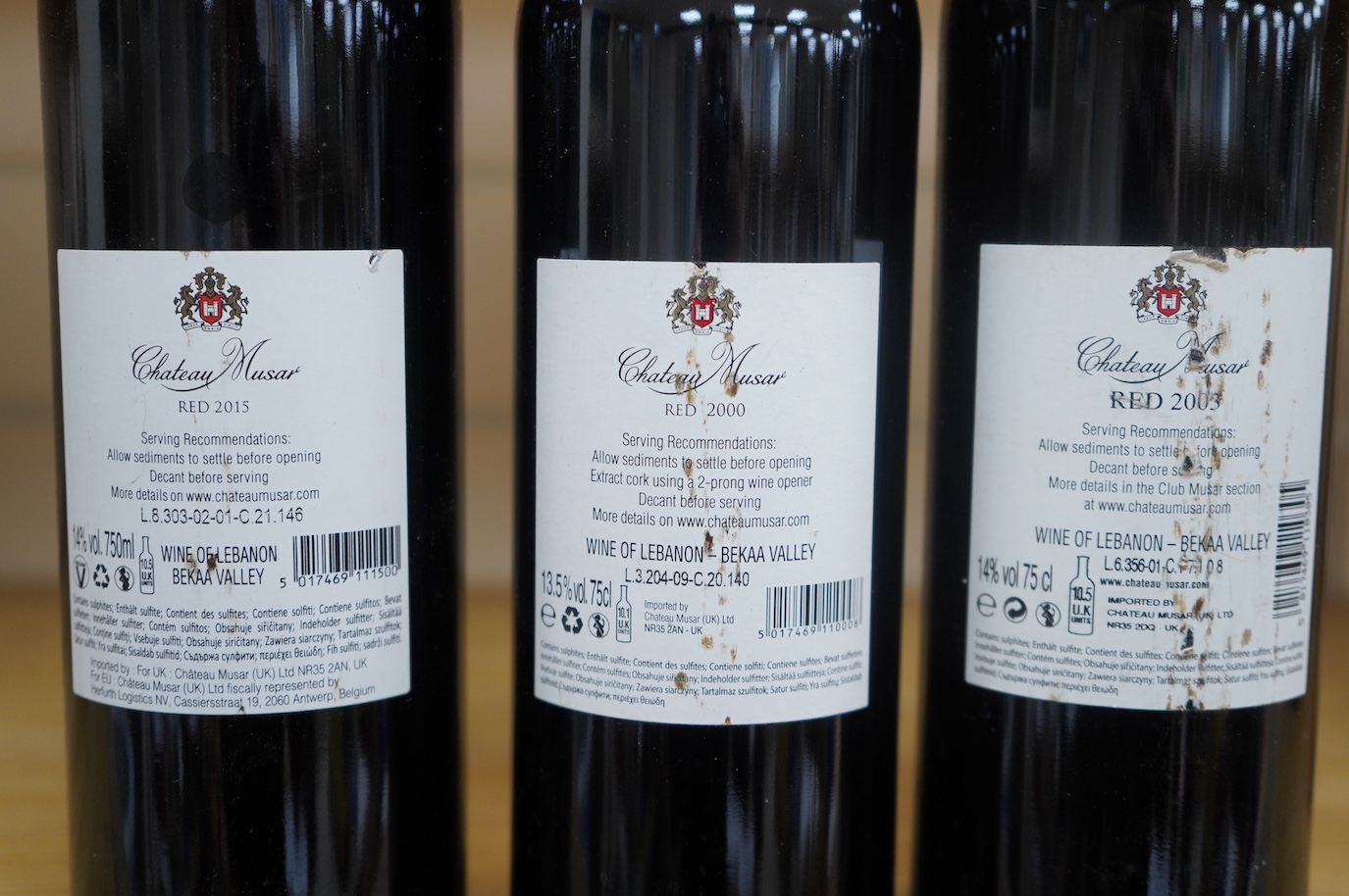 Three bottles of Chateau Musar; 2000, 2003 and 2015. Condition - good